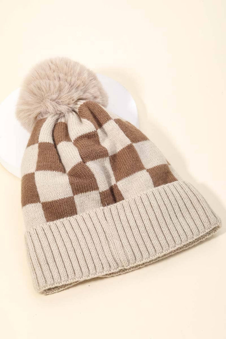 Checkered Pattern Pom Beanie