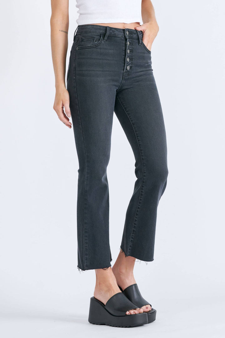 Black Exposed 5 Button Stretch Cropped Flare