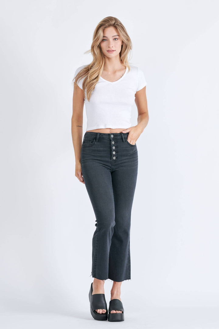 Black Exposed 5 Button Stretch Cropped Flare