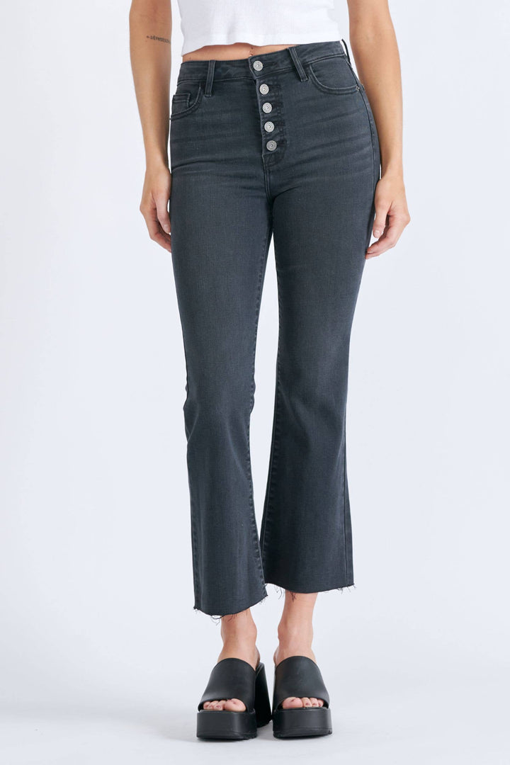 Black Exposed 5 Button Stretch Cropped Flare